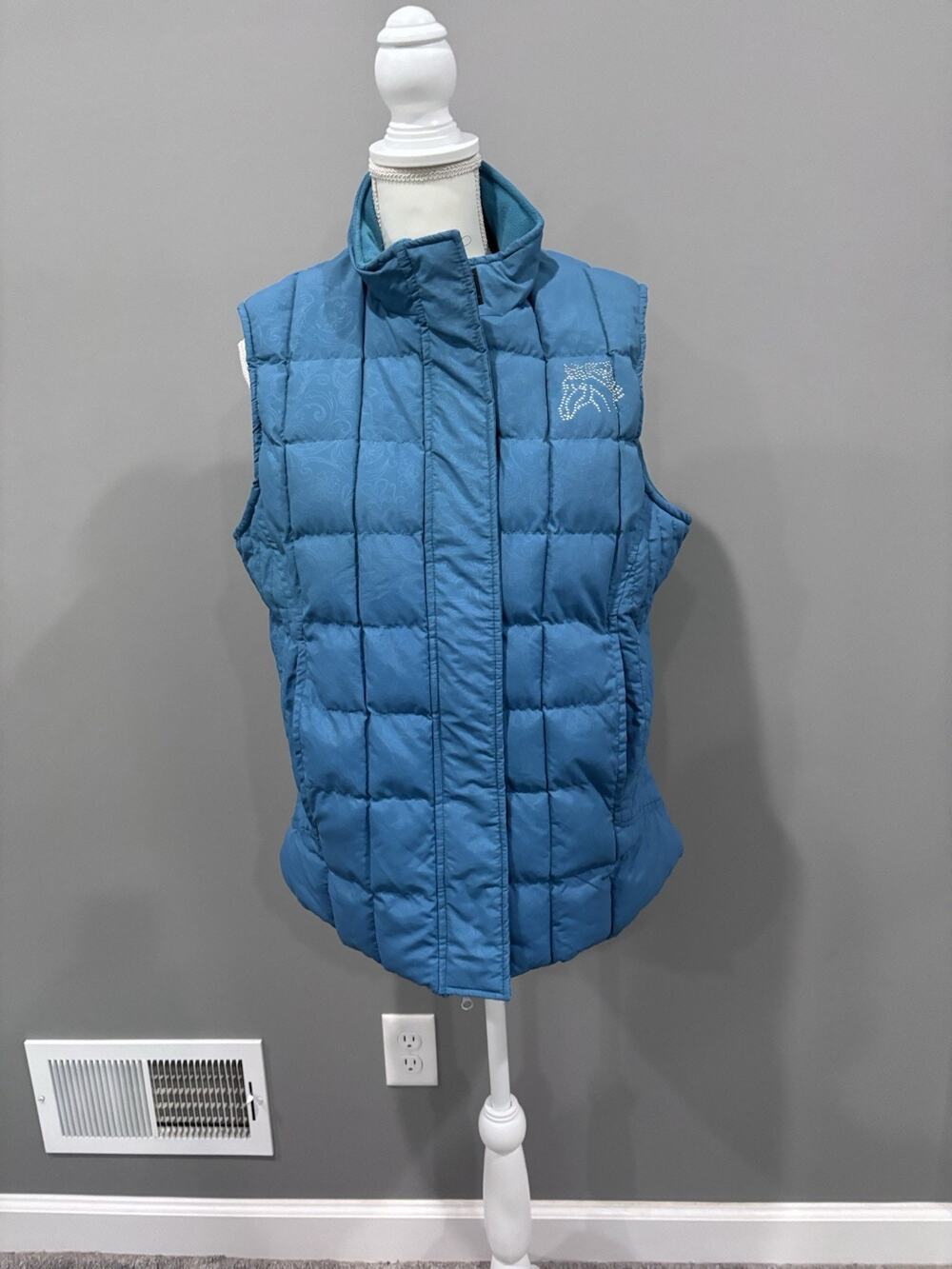 Back In The Saddle Women's Puffer Vest Size L Blue Quilted Rhinestone Horse